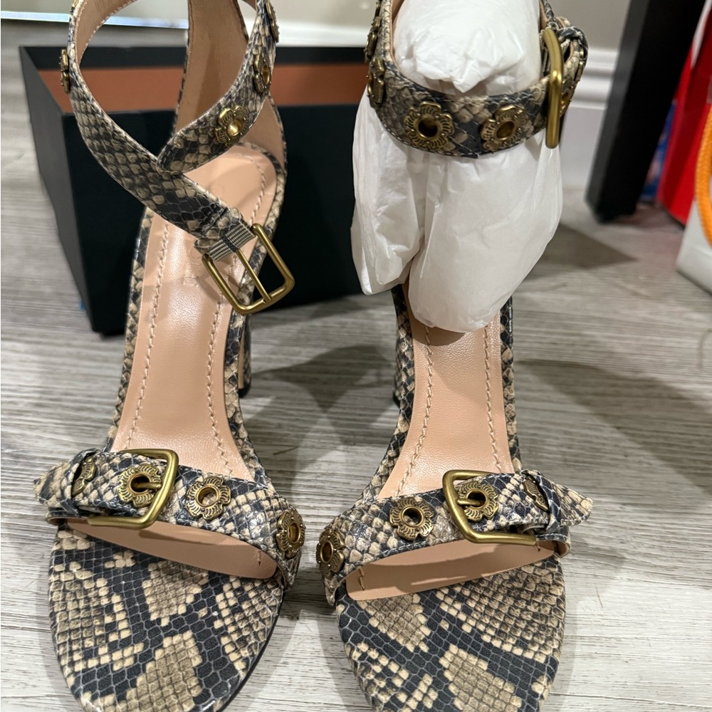 Coach Snakeskin Heels with Gold Buckles
